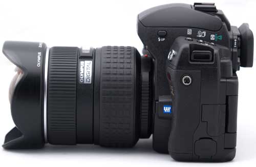 Olympus E-3 DSLR camera with lens and hood.Olympus E-3 Digital SLR camera with lens and hood.
