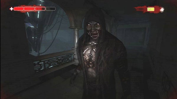 Condemned 2: Bloodshot gameplay screenshot with a menacing enemy.Condemned 2: Bloodshot gameplay screenshot with menacing enemy.