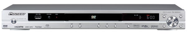 Pioneer DV-600AV DVD player front view displaying buttons and screen.