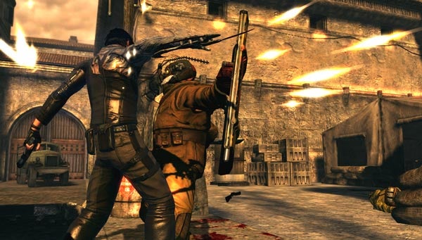 Screenshot of Dark Sector gameplay showing combat scene.Screenshot of a combat scene from the Dark Sector game.