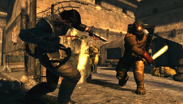 Screenshot of Dark Sector gameplay showing combat scene.Screenshot from Dark Sector video game showing combat scene.