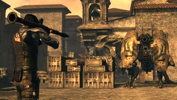 Screenshot of Dark Sector gameplay with character aiming at mech.Screenshot from Dark Sector video game showing character and enemies.