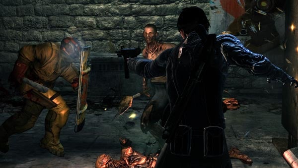 Screenshot of gameplay from Dark Sector showing combat scene.Screenshot from Dark Sector video game showing combat scene.