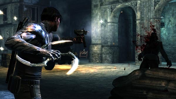 Screenshot of Dark Sector gameplay showing combat scene.Character with glowing weapon in a Dark Sector game scene.