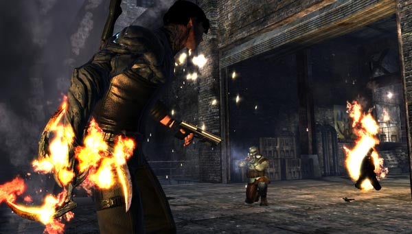 Character with flaming arm in Dark Sector video game scene.Character with flaming arm in 