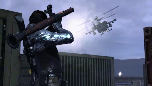 Character from Dark Sector game aiming at helicopter.