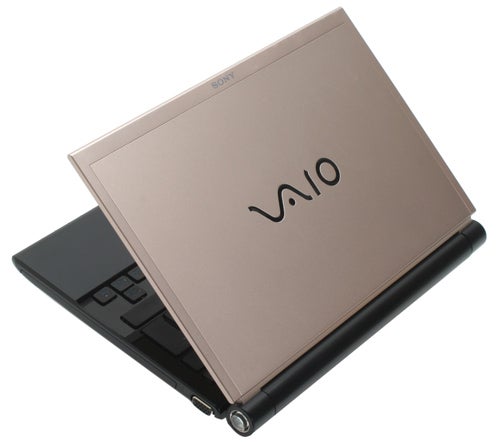 Sony VAIO VGN-TZ31MN notebook in bronze partially openSony VAIO VGN-TZ31MN notebook closed, showing logo and lid design.