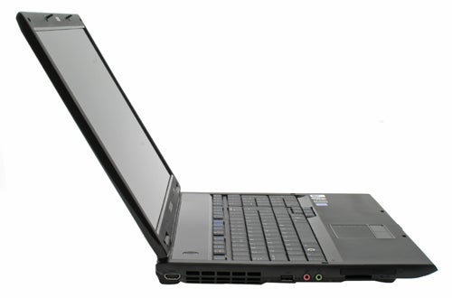 Side view of an open Samsung R700 laptop.Samsung R700 laptop open on a white background