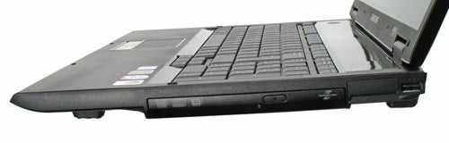 Side view of a Samsung R700 laptop partially open.Side view of a partially opened Samsung laptop