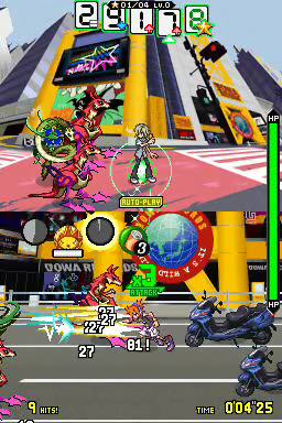 Screenshot of The World Ends With You video game action scene.Screenshot of gameplay from The World Ends With You.