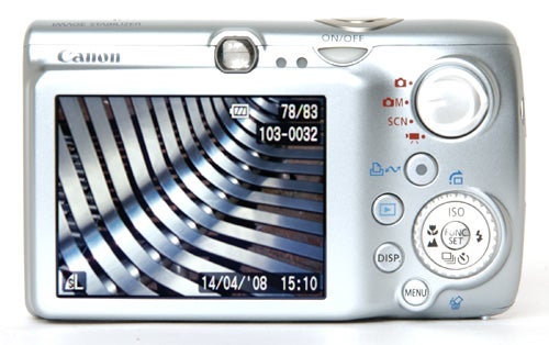 Canon Digital IXUS 970 IS camera with screen displaying photo.Canon Digital IXUS 970 IS camera with on-screen photo display.