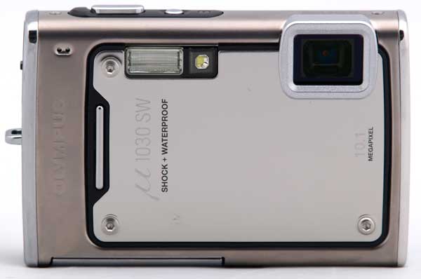 Olympus mju 1030 SW camera rear view showing waterproof labeling.Olympus mju 1030 SW camera back view showing waterproof labeling.