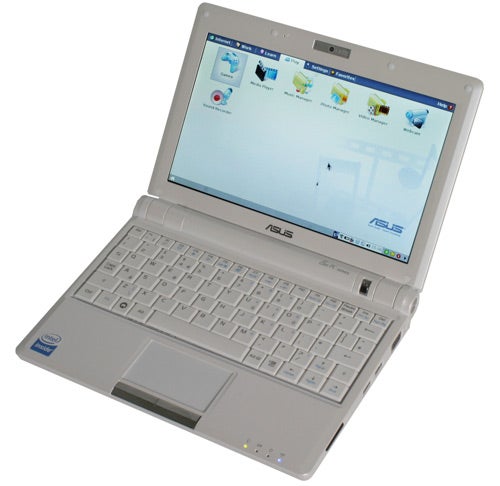 Asus Eee PC 900 netbook with open lid displaying screen.Asus Eee PC 900 laptop open and powered on.
