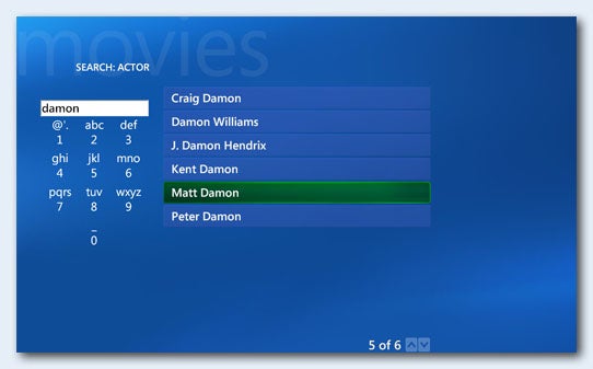 User interface of a Home Theatre Server System actor search feature.On-screen menu of Lewis Home Theatre Server showing actor search results.