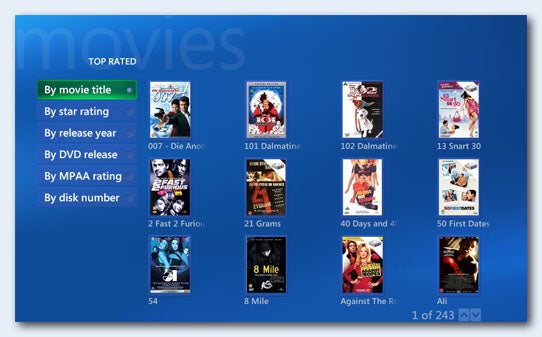 Home Theatre Server System displaying a movie selection screen.Home theatre server interface displaying top-rated movies.