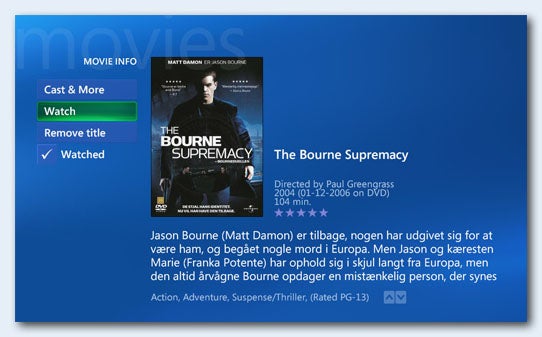Lewis MSB Series server system displaying The Bourne Supremacy movie information.User interface of Lewis MSB Series Home Theatre server displaying a movie.