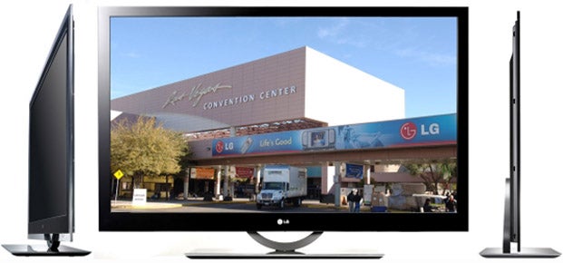LG flat-screen television displaying convention center image.LG flat-screen television displaying a convention center image.