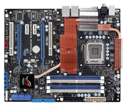 Asus Rampage Formula motherboard overview without components.Asus Rampage Formula motherboard isolated on a white background.
