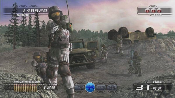 Screenshot of Time Crisis 4 gameplay showing action sequence.