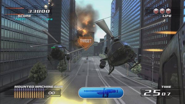 Time Crisis 4 gameplay showing helicopter action sequence.Screenshot from Time Crisis 4 with helicopter and on-screen HUD.