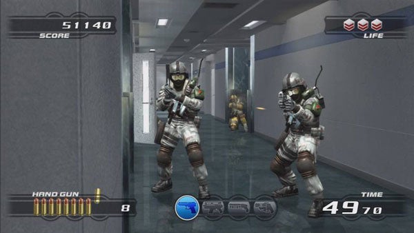 Time Crisis 4 gameplay showing score and remaining time.Screenshot of gameplay from Time Crisis 4 with score and HUD.