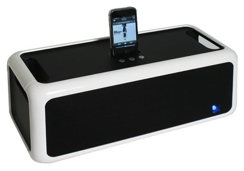 Gear4 BassStation iPod Speaker Dock with iPhone connected.Gear4 BassStation iPod speaker dock with a docked iPod.