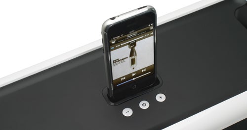 iPod docked in Gear4 BassStation speaker system.iPod docked on Gear4 BassStation Speaker with playback controls.