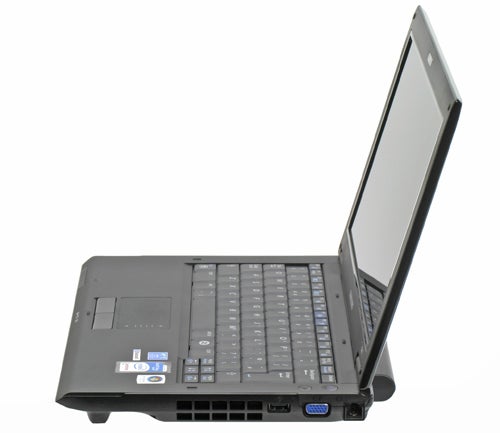 Samsung Q45 T5450 laptop with open lid from side angle.Samsung Q45 T5450 laptop open at an angle on white background.