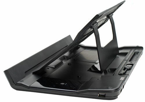 Logitech Alto Cordless Notebook Stand with keyboard opened.Logitech Alto Cordless Notebook Stand with keyboard storage compartment.
