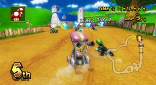 Mario Kart Wii gameplay showing a race in progress.
