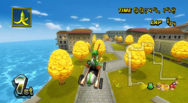 Screenshot of Mario Kart Wii gameplay with Yoshi in first place.Mario Kart Wii gameplay with Luigi racing in first place.