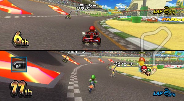 Mario Kart Wii gameplay showing characters racing on track.Screenshot of Mario Kart Wii gameplay showing racing characters.