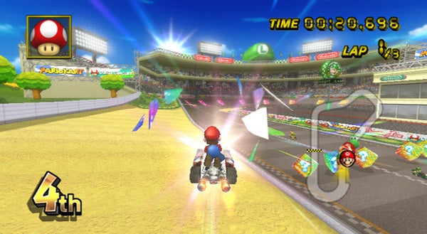 Mario Kart Wii gameplay screenshot with racer in 4th place.Mario Kart Wii gameplay screenshot showing a race in progress.