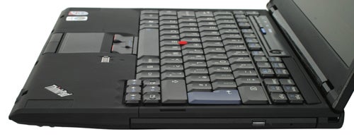 Close-up of a Lenovo ThinkPad X300 laptop keyboard.Close-up of Lenovo ThinkPad X300 keyboard and trackpoint.