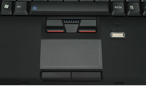 Lenovo ThinkPad X300 laptop keyboard and trackpad detail.Close-up of Lenovo ThinkPad X300 keyboard and trackpoint