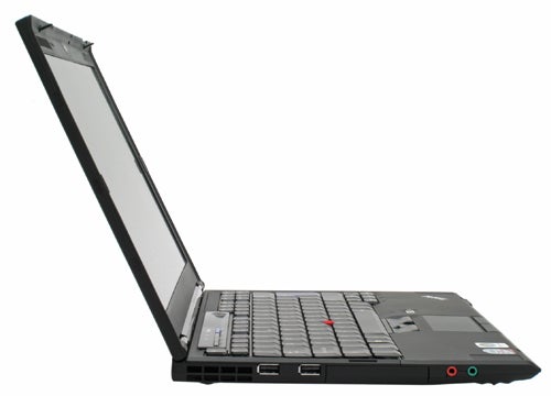 Lenovo ThinkPad X300 laptop with screen lifted up.Lenovo ThinkPad X300 laptop with screen open on white background.