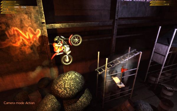 Screenshot of Trials 2: Second Edition gameplay with motorcycle obstacle course.Motorcycle navigating obstacles in Trials 2: Second Edition game.