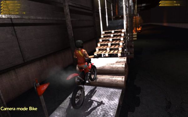 Screenshot of Trials 2: Second Edition gameplay with motorbike obstacle.Screenshot of motorcycle obstacle course in Trials 2 Second Edition.