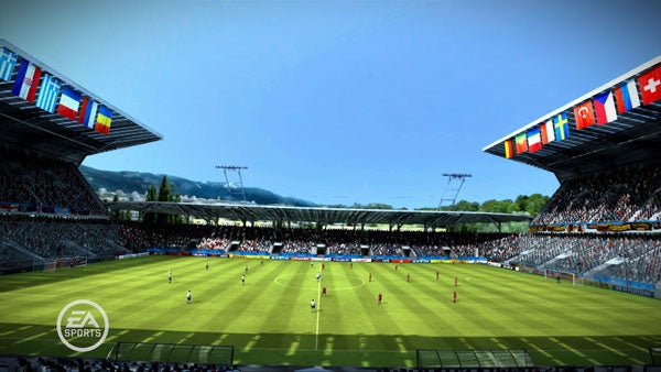Screenshot of UEFA Euro 2008 video game match in a stadium.UEFA Euro 2008 football video game screenshot.