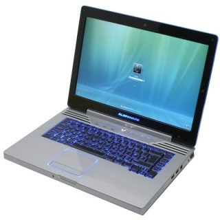 Alienware Area-51 m15x laptop with blue backlit keyboard open