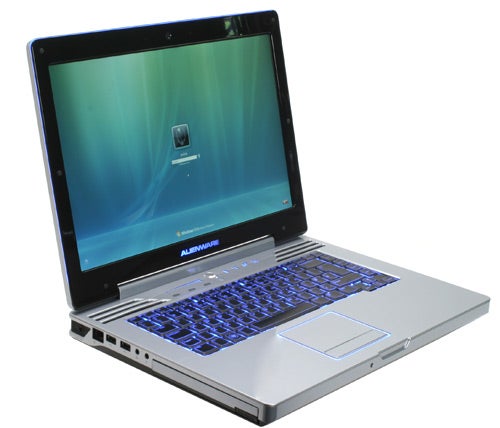 Alienware Area-51 m15x laptop with blue backlit keyboard.Alienware Area-51 m15x laptop with illuminated keyboard.