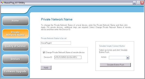 Screenshot of Solwise HomePlug AV utility software interfaceScreenshot of Solwise HomePlug AV Utility for network configuration.
