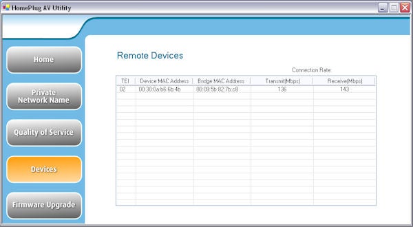 Screenshot of Solwise HomePlug AV utility software interface.Screenshot of Solwise HomePlug AV Utility showing connection rates.