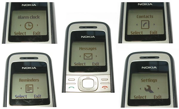 Nokia 1200 phone displaying various menu screensNokia 1200 phone displaying various menu screens.
