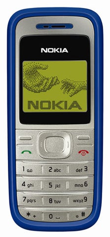 Nokia 1200 mobile phone with blue casing.