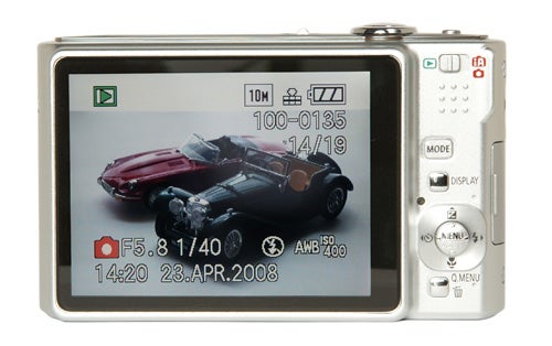 Panasonic Lumix DMC-FS20 camera displaying a photo of a car.Panasonic Lumix DMC-FS20 camera displaying a car photo.