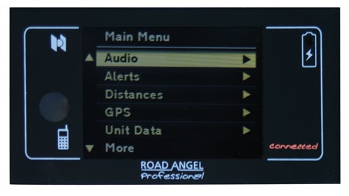 Road Angel Professional Connected device displaying main menu.Road Angel Professional Connected device displaying main menu screen.