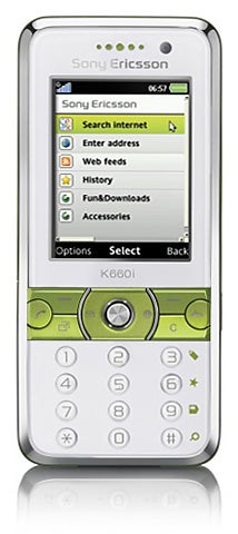 Sony Ericsson K660i mobile phone displayed vertically with screen on.