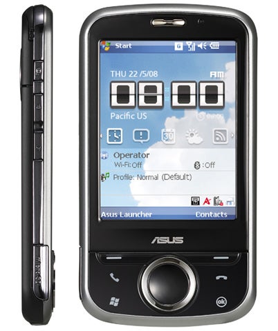 Asus P320 Windows Mobile PDA Phone with screen display.Asus P320 Windows Mobile PDA Phone with screen on and side view.
