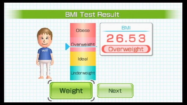 Wii Fit BMI test result screen showing 'Overweight' status.